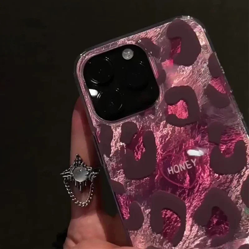 Phone Case for iPhone 16 Pro Max 15 14 Plus 13 12 11 XS X XR 7 8 SE 2022 Cute Pink Leopard Print Stylish Lovely Heart Soft Cover - Caseverse