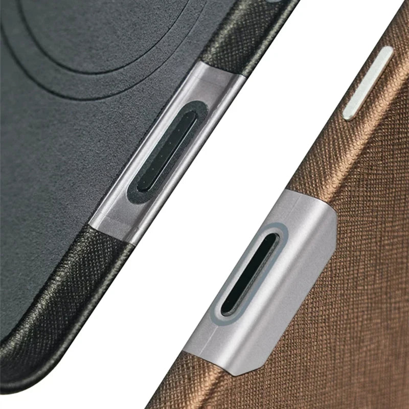 Alloy Lens Silk Texture PU Leather MagSafe Phone Case For iPhone 16 16pro max 15 Pro 14 13 Wireless Charging Hard Armor Cover - Caseverse