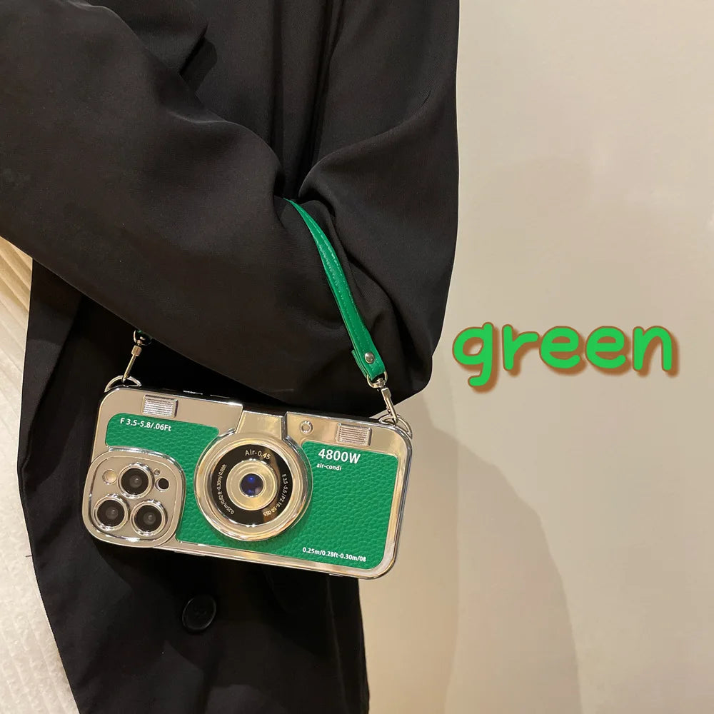 Creative Luxury 3D Retro Camera Phone Case for Iphone 15 14 13 12 11 Pro Max 14plus Cute Soft Tpu Phone Case Lanyard Back Cover - Caseverse