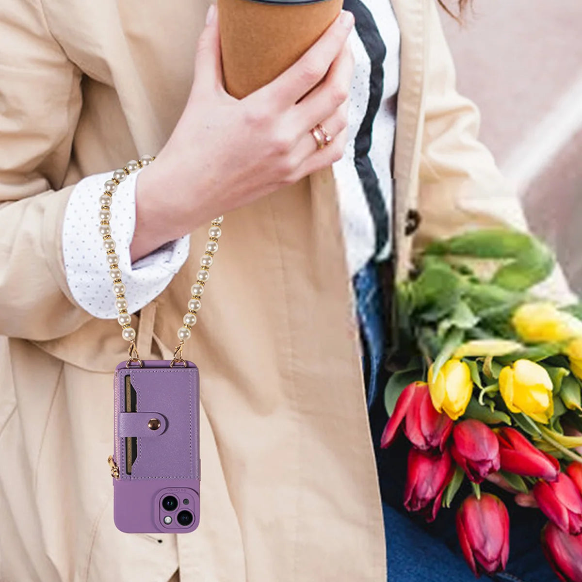 Stylish Mirror Zipper and Pearl Cord Phone Case for IPhone13promax 12mini 11promax 7 Crossbody Fall-proof Faux Leather Cover