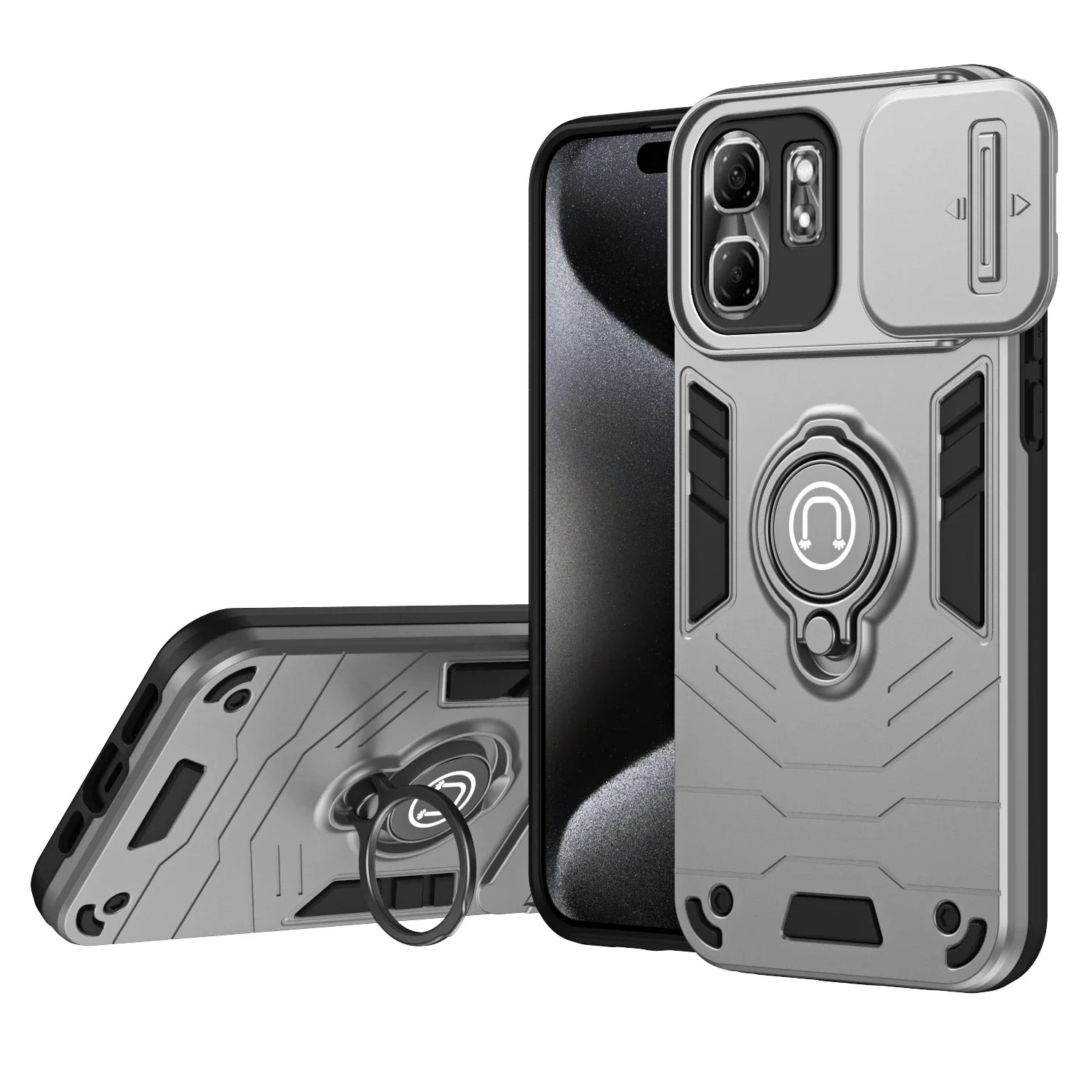Rugged Armor Shockproof Phone Case For Infinix Smart 9 X6532 Hot 50i X6531 X6531B Sliding Window Metal Ring Holder Back Cover - Caseverse