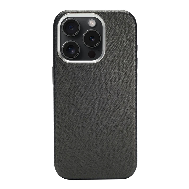 Alloy Lens Silk Texture PU Leather MagSafe Phone Case For iPhone 16 16pro max 15 Pro 14 13 Wireless Charging Hard Armor Cover - Caseverse