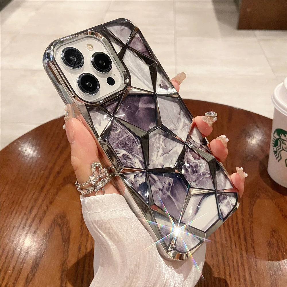 Plating Glitter Diamond Pattern Colorful Marble Phone Case For iPhone 15 13 11 12 14 Pro Max Soft Silicone Transparent Cover - Caseverse