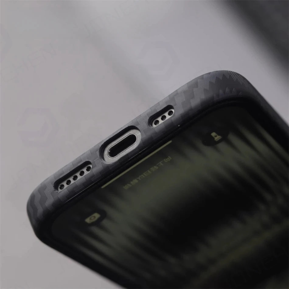 Luxury Alloy Lens 3D Relief Black Carbon Fibre Pattern Case For iPhone 13 14 15 16 Pro Max Slim Shockproof PC Cover For Magsafe Caseverse