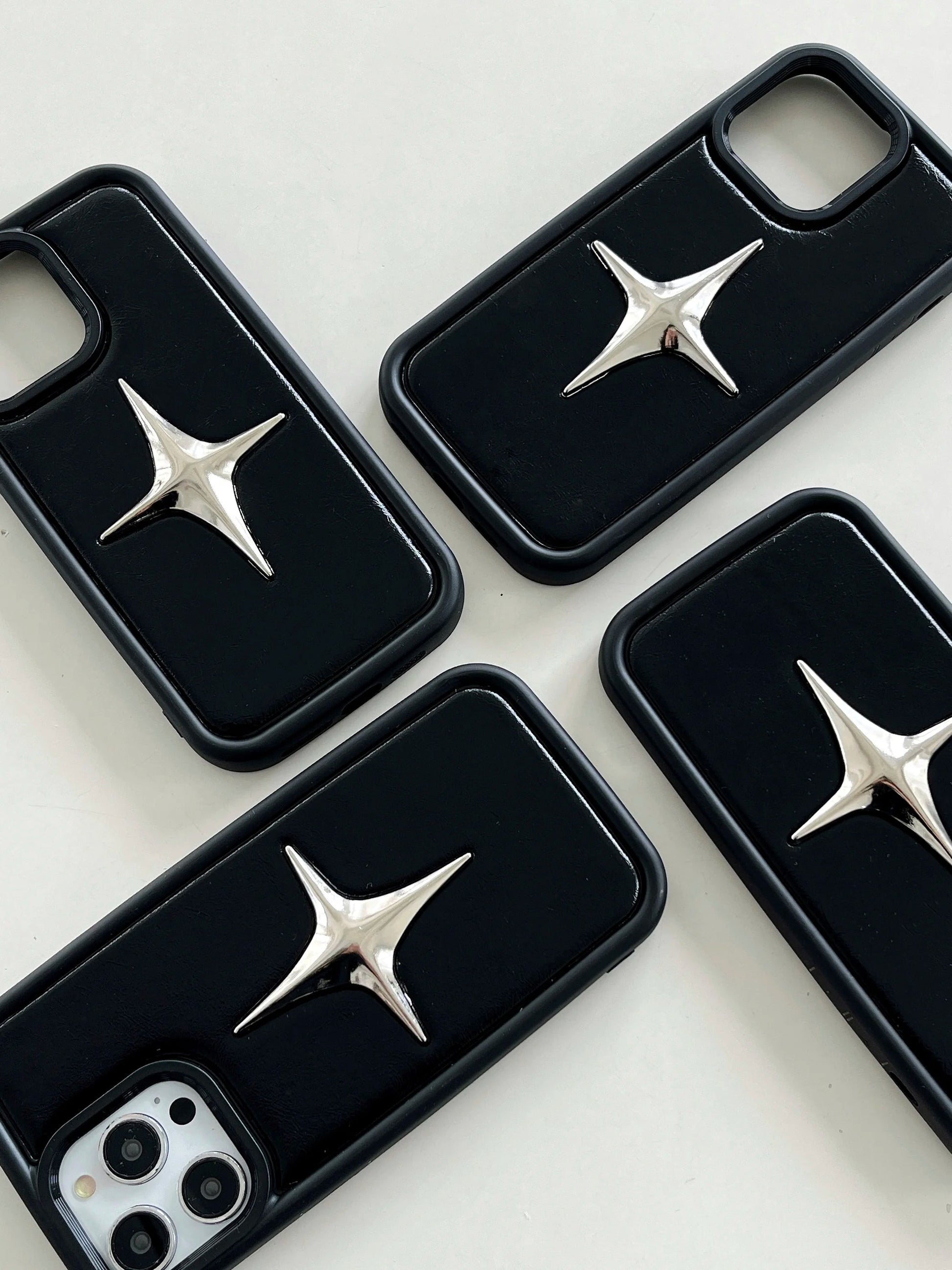 Luxury Metal Star PU Leather Phone Case For iPhone 15 14 13 12 Pro Max 15pro 14Pro Shockproof Cover Men Women Stylish Cases Caseverse