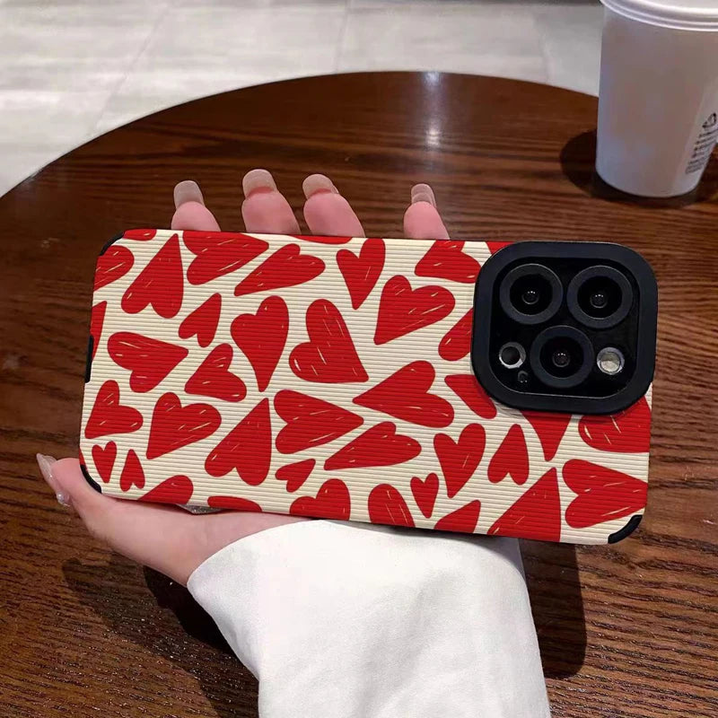 Fashion Red Love Heart Silicone Case For iPhone 11 12 13 14 15 Pro Max Mini X XS XR 8 7 16 Plus Soft Leather Shockproof Cover - Caseverse