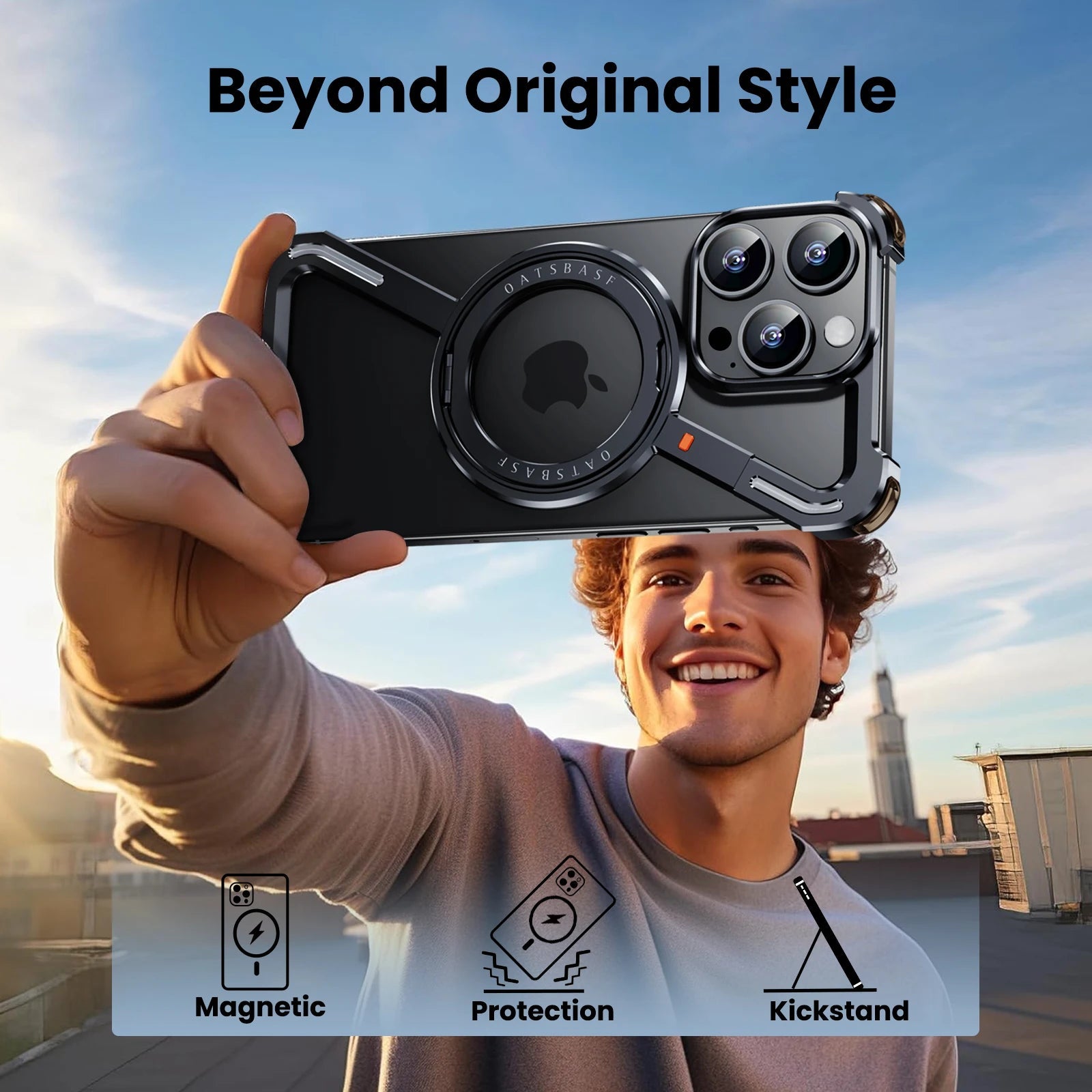 Oatsbasf Z Shape Metal Phone Case for iPhone15 /16 Pro Max Phone Protective Cover Shockproof Bumper w/360° Rotation Holder Caseverse