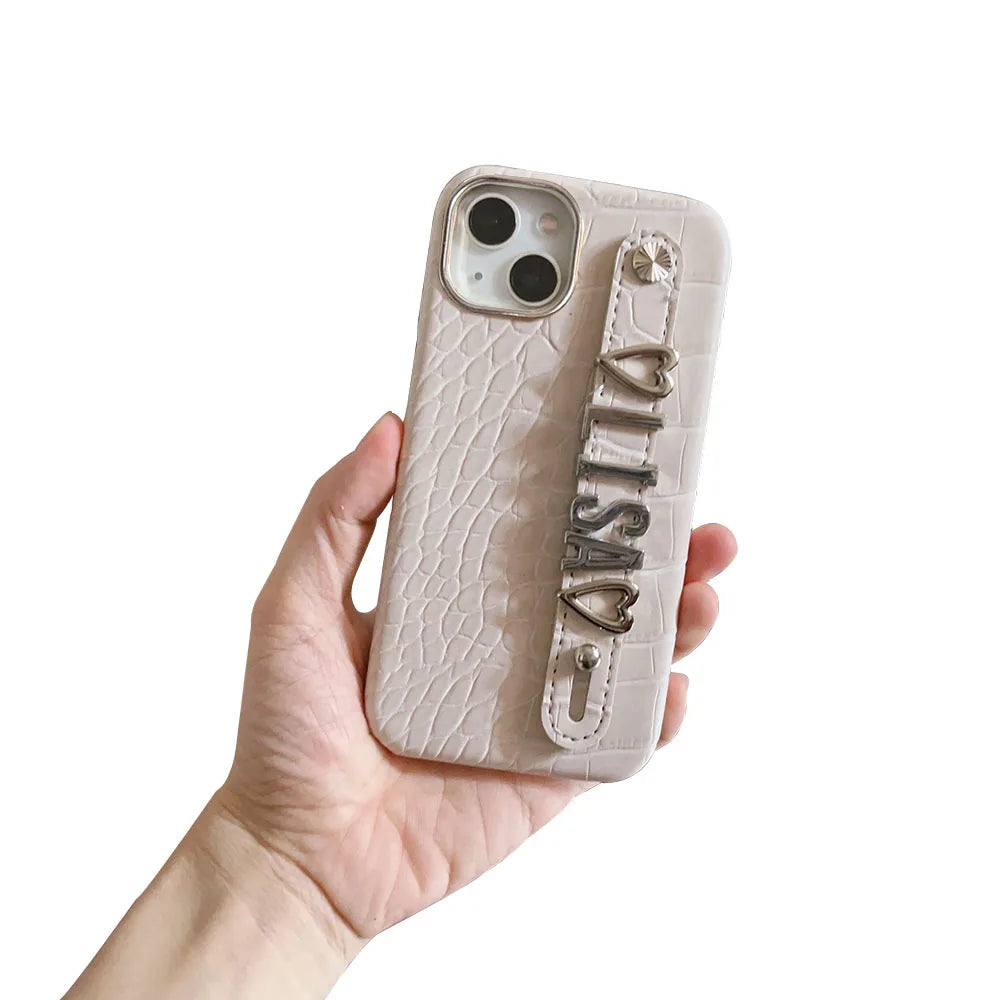 Luxury Custom Personalised Name Silver Metal Letter Charm Leather Phone Cases For Iphone 14 13 12 11 15 Pro Max 16 pro max Cover Caseverse