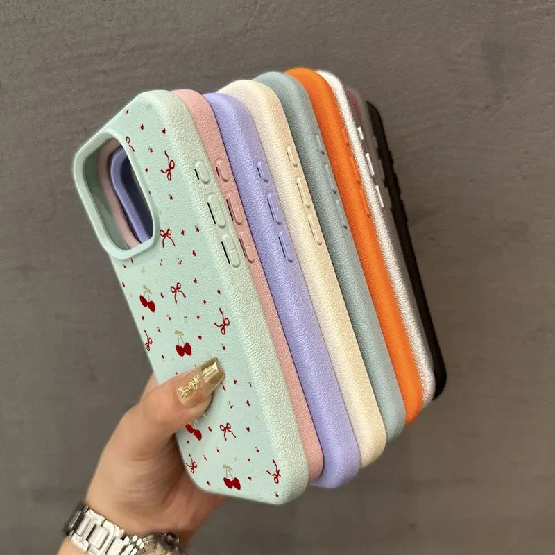 For iPhone 16 15 14 13 12 11 Pro Max Case Cherry Bow Lichee Pattern Silicone Phone Cover For iPhone XS Max 14 15 16 Plus Fundas - Caseverse