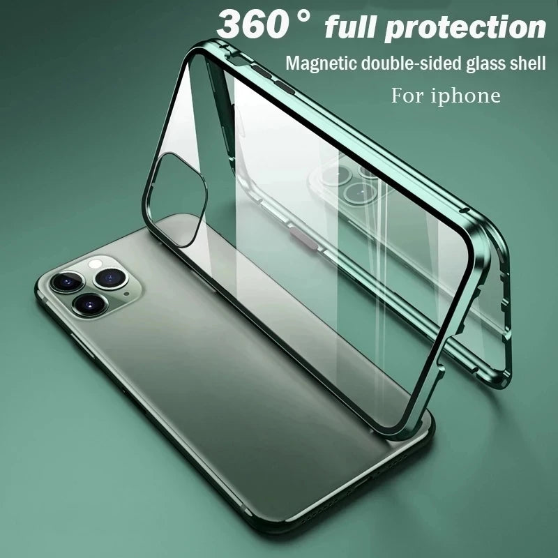 360°Full Protection Metal Magnetic Phone Case For IPhone 16 Pro Max 14 13 12 11 15 Pro Max X XS XR Plus Double-Sided Glass Cover - Caseverse