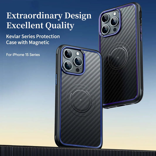 ROCK Kevlar Magnetic Case for iPhone 15 Pro Max Metal Lens Military Grade Shockproof Cover for iPhone 15 Compatible with MagSafe - Caseverse