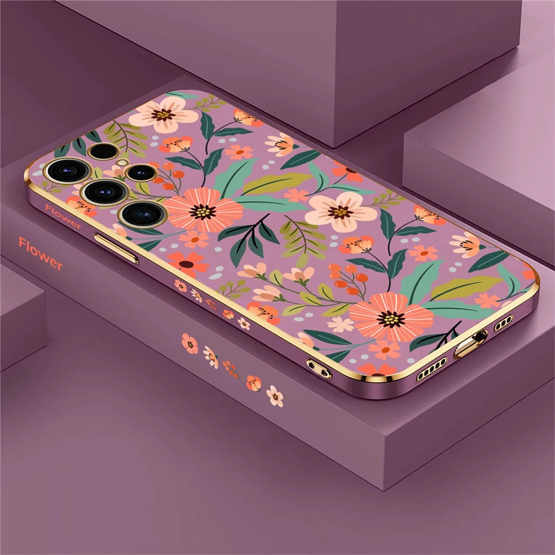 S24 Plus Luxury Plating Phone Case For Samsung Galaxy S24 Ultra S24 5G A25 A24 A15 Shockproof Flowers Pattern Back Cover Coque - Caseverse