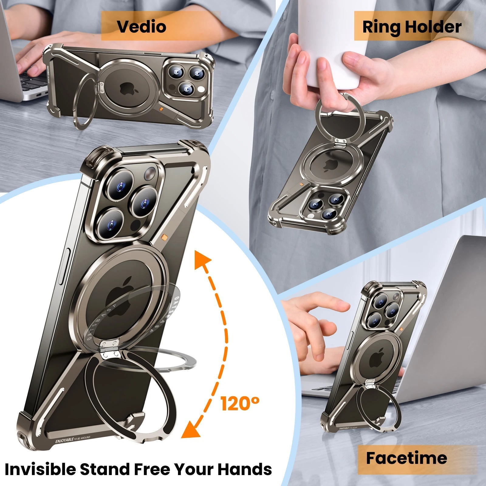 Oatsbasf Z Shape Metal Phone Case for iPhone15 /16 Pro Max Phone Protective Cover Shockproof Bumper w/360° Rotation Holder Caseverse