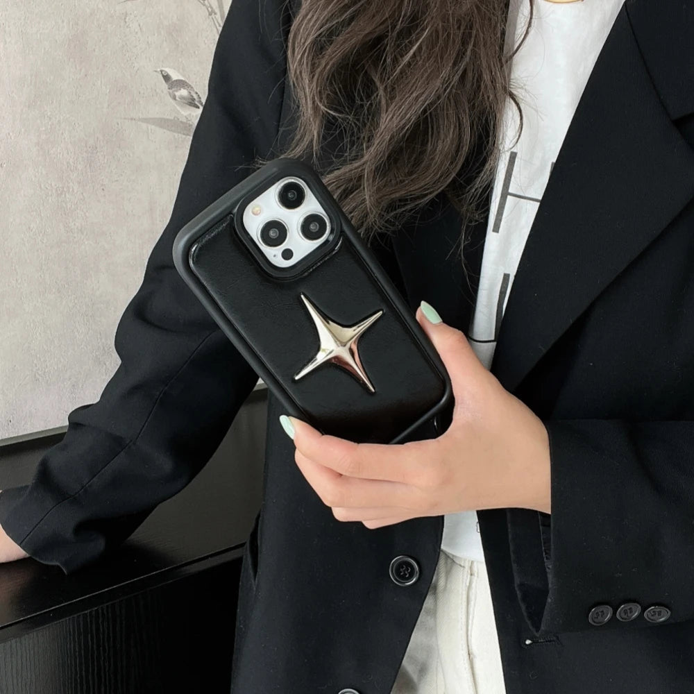 Luxury Metal Star PU Leather Phone Case For iPhone 15 14 13 12 Pro Max 15pro 14Pro Shockproof Cover Men Women Stylish Cases Caseverse