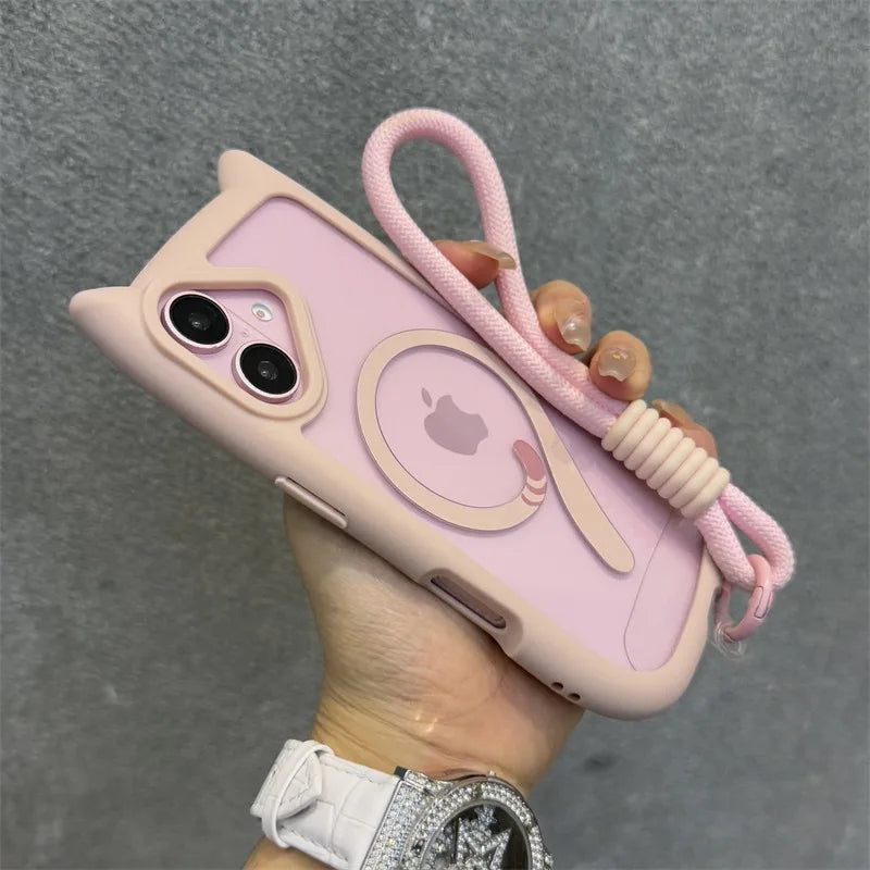 Cute Cat Ear Magsafe Case for iPhone 13 14 15 16 Pro Max 11 12 15 16 Plus Transparent PC TPU Armor Cover with Wrist Strap Chain - Caseverse