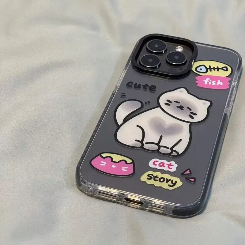 Fish Bone Lovely Little Cat Pattern Phone Case For iPhone 16 15 14 13 12 11 Pro Max XR XS 7 8 Plus Transparent Shockproof Cover - Caseverse