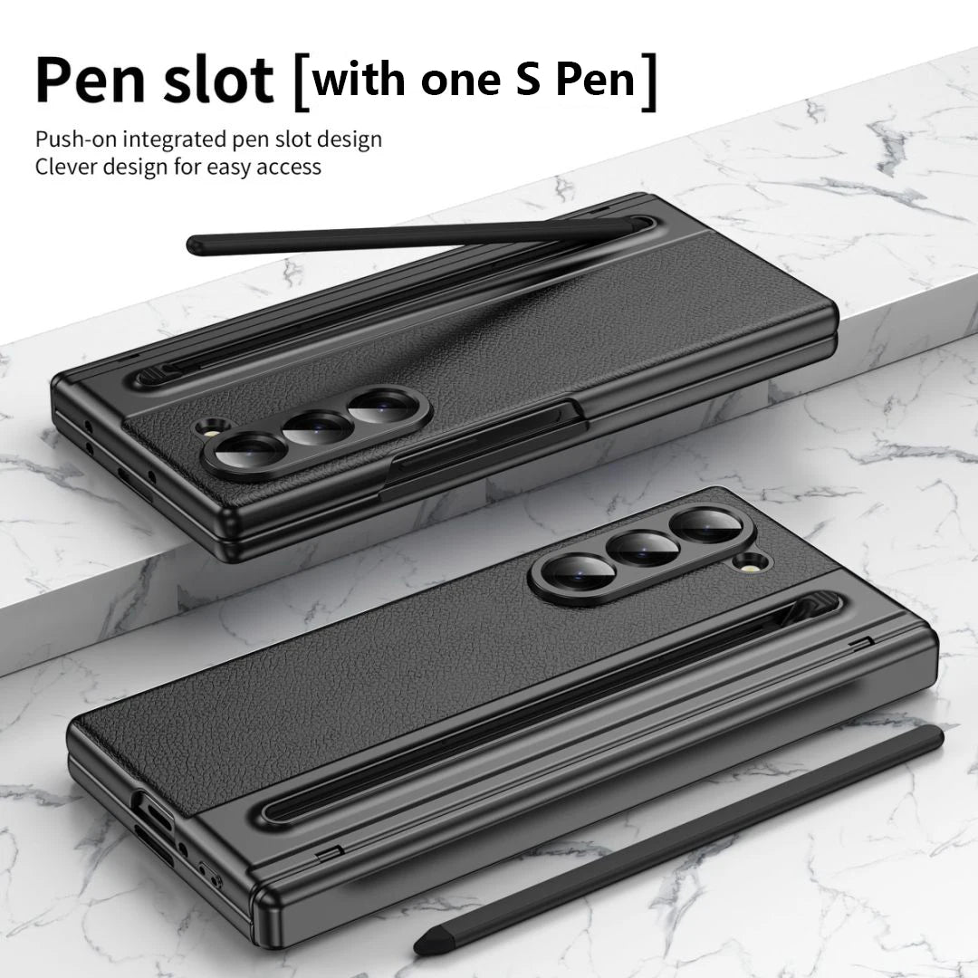 For Galaxy Fold6 S Pen Leather Phone Case Hinge Protection & Built-in Screen Protector Leather Phone Cover for Fold5 Fold4 Black - Caseverse