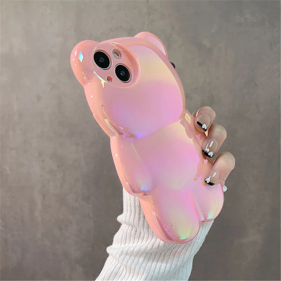 Stylish laser luxury cute 3D Bear shockproof phone case for iPhone 11 14 12 13 14 15 Pro Max Soft silicon anti-drop bumper cover - Caseverse
