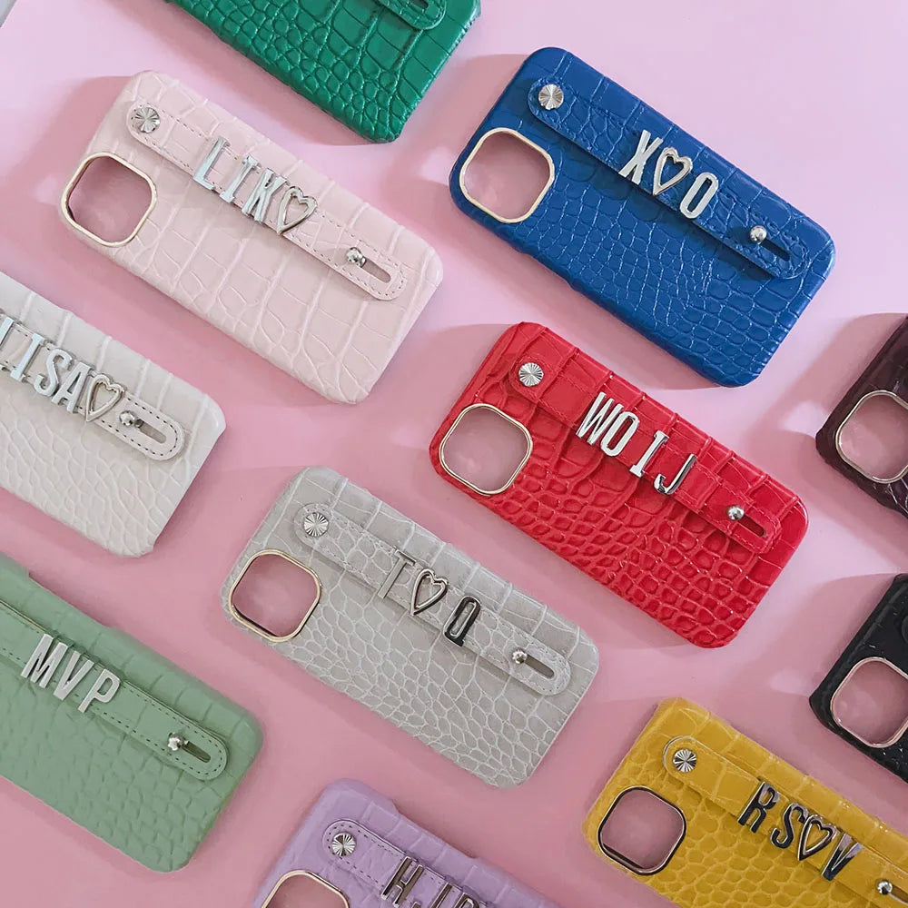 Luxury Custom Personalised Name Silver Metal Letter Charm Leather Phone Cases For Iphone 14 13 12 11 15 Pro Max 16 pro max Cover Caseverse