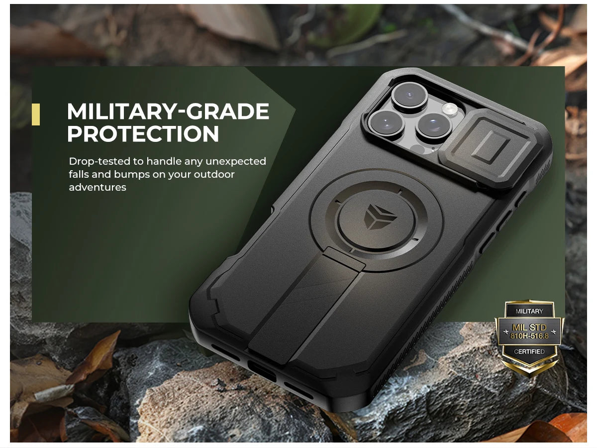 For iPhone 16 Pro Max Rugged Armor Shockproof Case with Built-in Sliding Camera Cover and Built-in Screen Protector Kickstand - Caseverse
