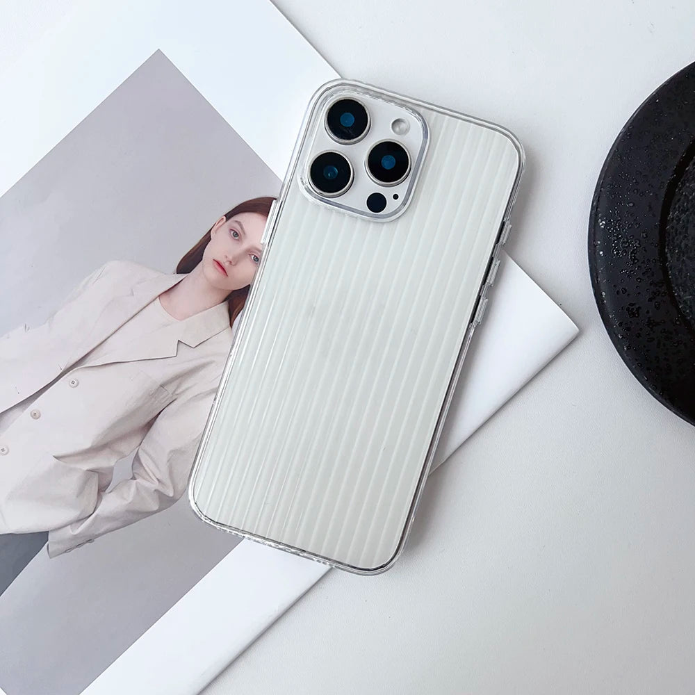 Metal Button Key Vertical Stripe Corrugated Clear Phone Case for IPhone 13 14 15 16 Pro Max Shockproof PC Protective Back Cover Caseverse