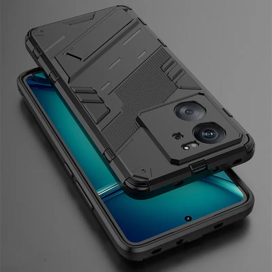 A black rugged armor shockproof phone case with a kickstand is shown on a phone.