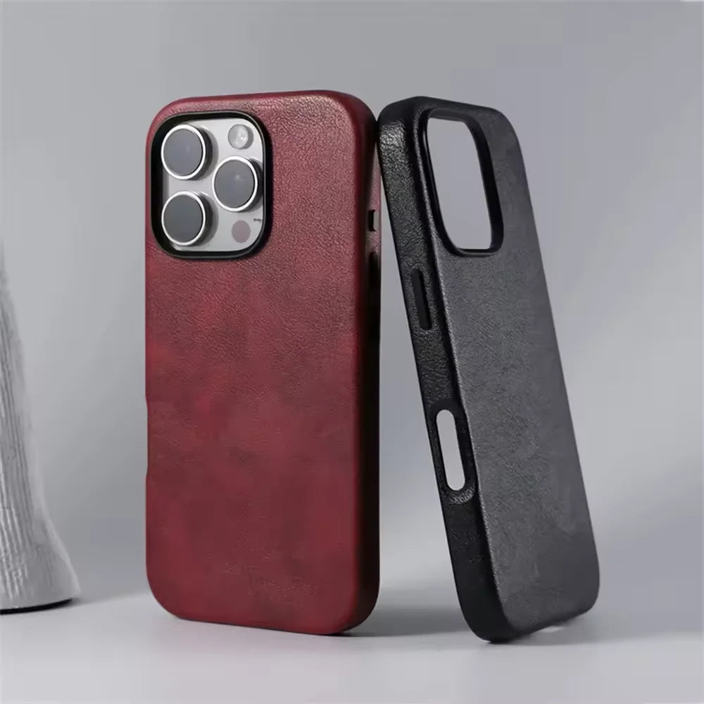 Luxury Business Vintage Leather Magnetic Phone Case for IPhone 16 Plus 15 14 13 12 Pro Max Metal Camera Frame Shockproof Cover Caseverse