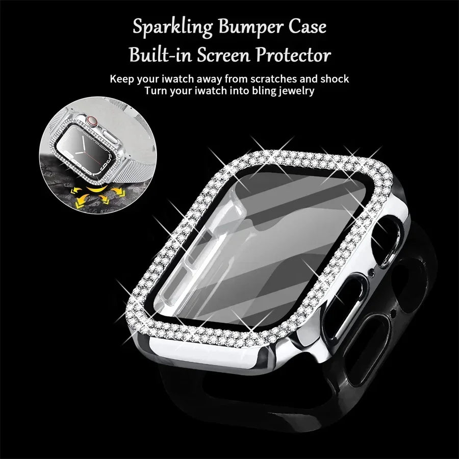 Diamond Case For Apple watch Cover 45mm 41mm 38mm 42mm 44mm 40mm Tempered Glass+ Bumper Screen Protector series 9 8 7 6 5 4 3 SE