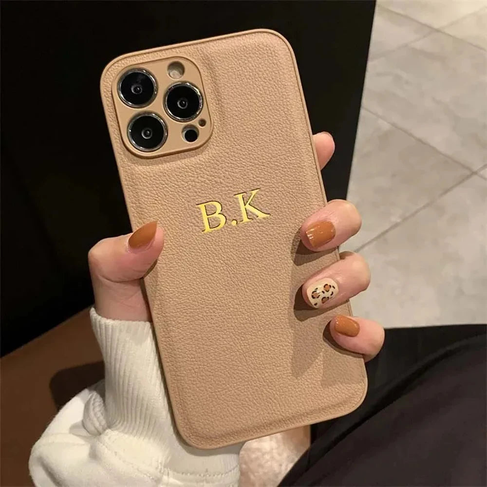 Customized Phone Case For iPhone 16 15 14 13 12 11 Pro Max Plus Personalized Name Initials Letters Luxury Leather DIY Cover 16 Caseverse