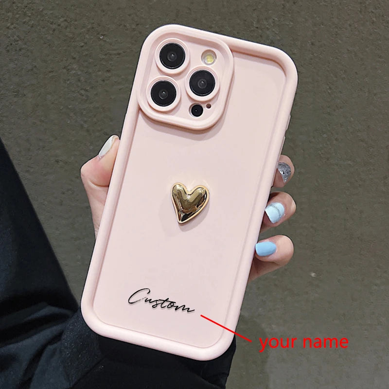 3D Gold Love Heart Personalized Custom Name Case For iPhone 16 15 14 13 12 11 Pro Max X XS XR 7 8 Plus Silicone Candy DIY Cover Caseverse