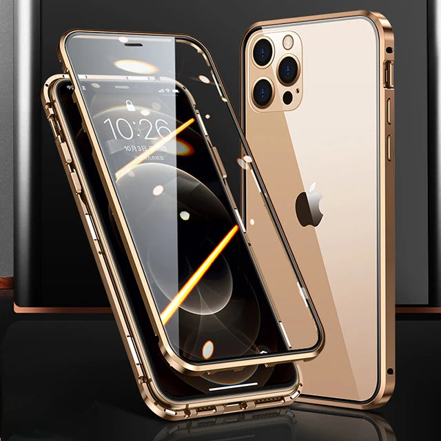 360°Full Protection Metal Magnetic Phone Case For IPhone 16 Pro Max 14 13 12 11 15 Pro Max X XS XR Plus Double-Sided Glass Cover - Caseverse