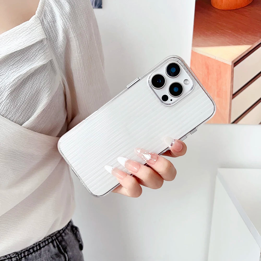 Metal Button Key Vertical Stripe Corrugated Clear Phone Case for IPhone 13 14 15 16 Pro Max Shockproof PC Protective Back Cover Caseverse