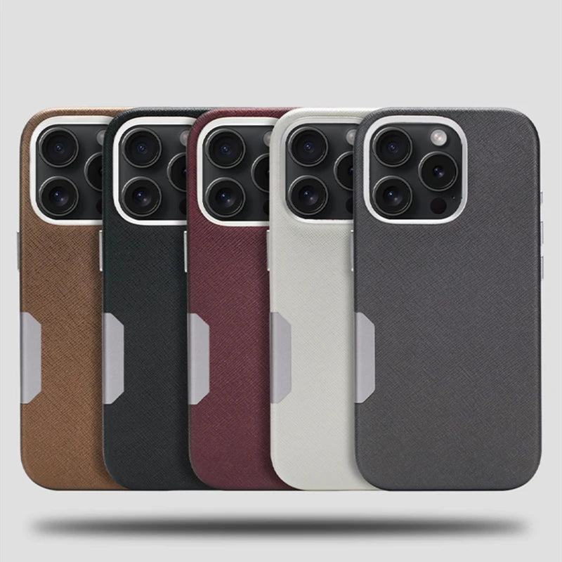 Alloy Lens Silk Texture PU Leather MagSafe Phone Case For iPhone 16 16pro max 15 Pro 14 13 Wireless Charging Hard Armor Cover - Caseverse