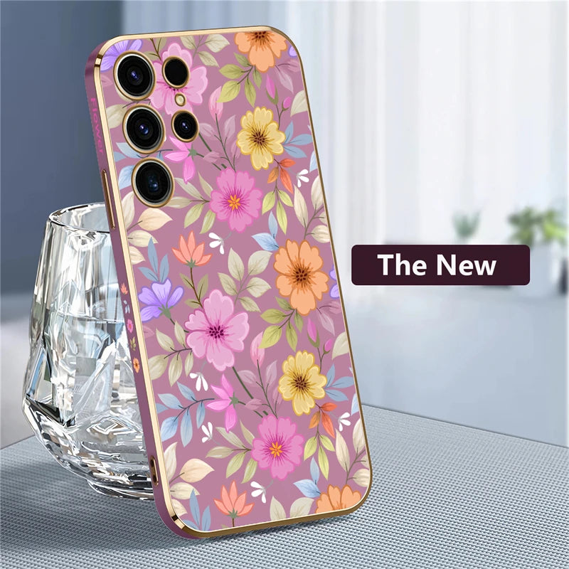 S24 Plus Luxury Plating Phone Case For Samsung Galaxy S24 Ultra S24 5G A25 A24 A15 Shockproof Flowers Pattern Back Cover Coque - Caseverse