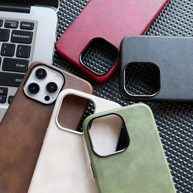 Luxury Business Vintage Leather Magnetic Phone Case for IPhone 16 Plus 15 14 13 12 Pro Max Metal Camera Frame Shockproof Cover Caseverse
