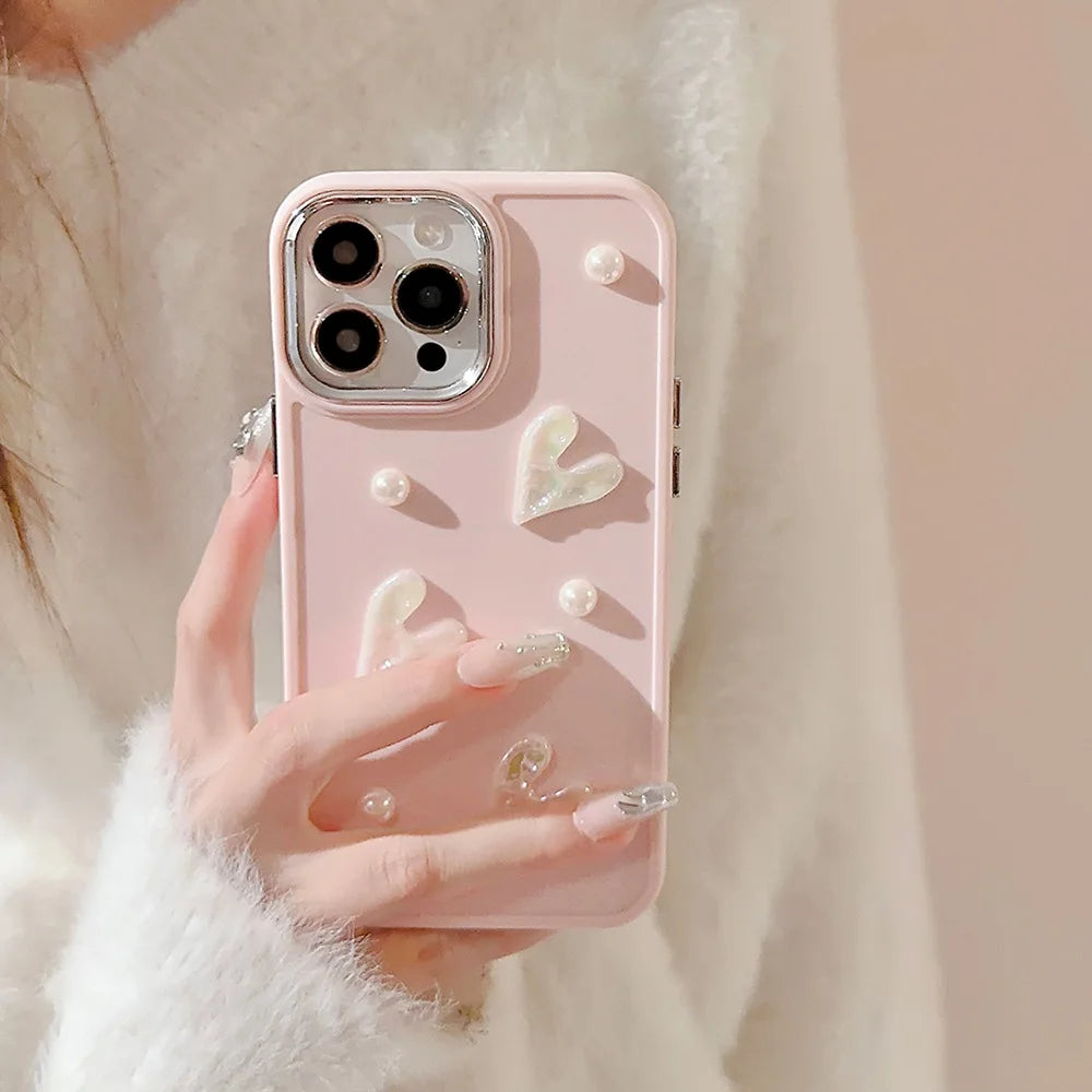 Ins Cute 3D Pearl Love Heart Phone Case For iPhone 16 15 14 13 12 11 Pro Max X XS XR 8 7 Plus SE 2022 Soft Silicone Bumper Cover - Caseverse