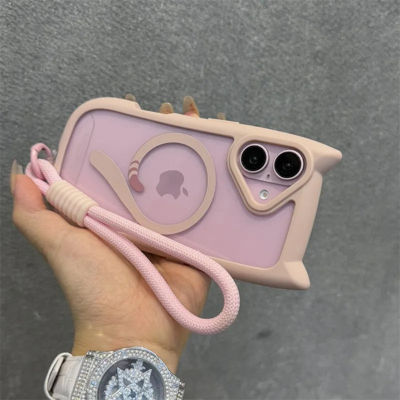 Cute Cat Ear Magsafe Case for iPhone 13 14 15 16 Pro Max 11 12 15 16 Plus Transparent PC TPU Armor Cover with Wrist Strap Chain - Caseverse