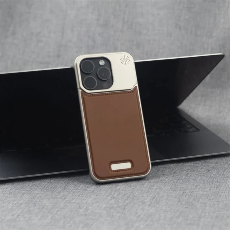Aluminum Alloy Leather Magnetic Phone Case For iPhone 16 16pro 15 14 Pro Max Wireless Charging Metal Frameless Shockproof Cover Caseverse