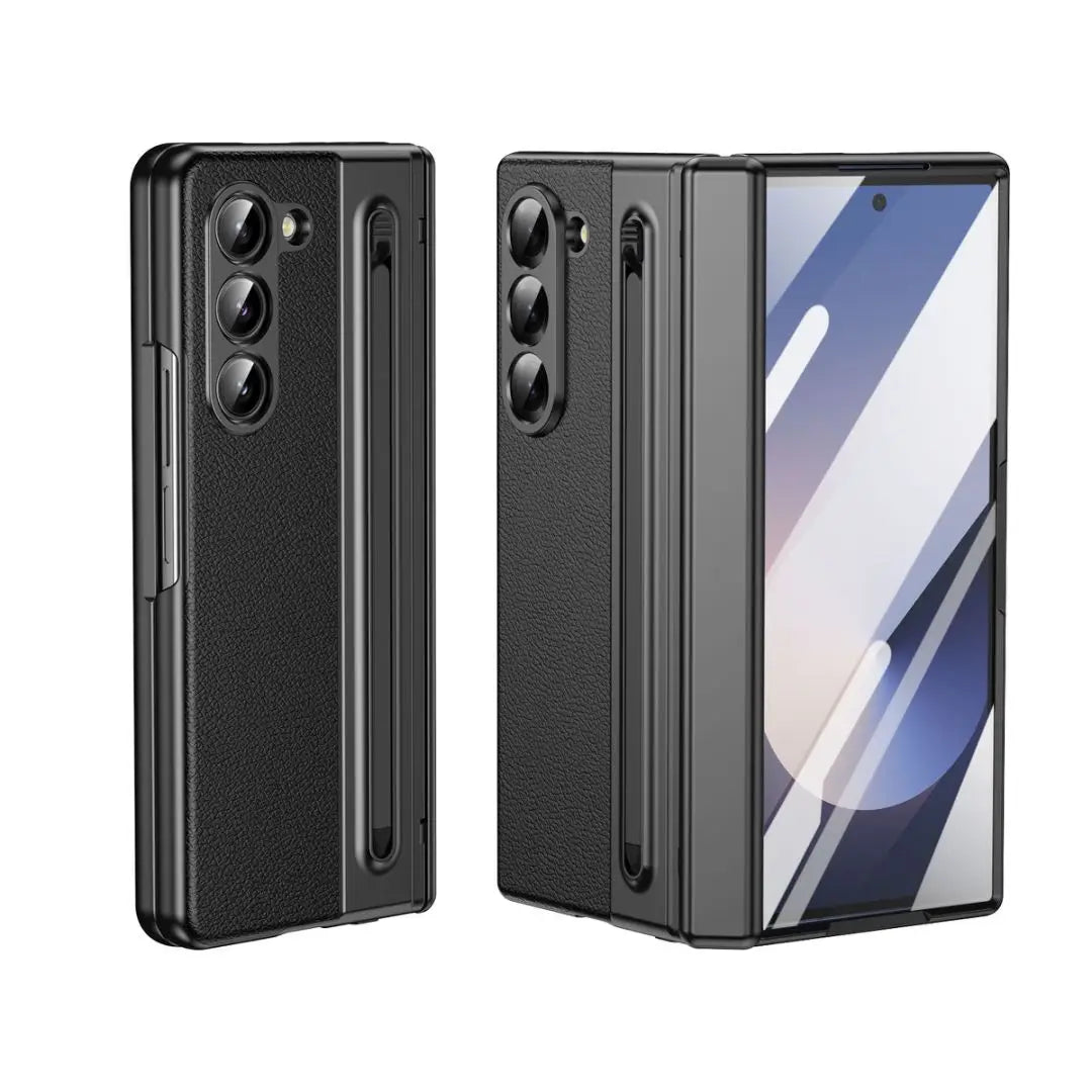For Galaxy Fold6 S Pen Leather Phone Case Hinge Protection & Built-in Screen Protector Leather Phone Cover for Fold5 Fold4 Black - Caseverse