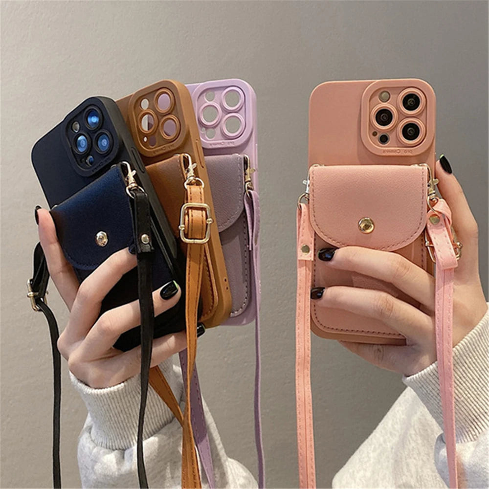 Wallet Leather Crossbody Neckband Lanyard Phone Case for iPhone 15 14 11 12 13 Pro Max X XS XR 7 8 Plus Luxury Card Holder Cover - Caseverse