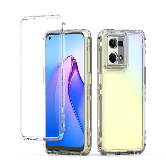 A transparent, shockproof phone case for OPPO Reno 7 4G, shown disassembled and on a phone.