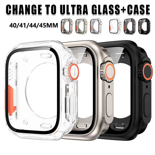 Case for Apple Watch Cover 44mm 45mm 40 41mm Appearance Change To Ultra Tempered Glass Screen Protector Cover iWatch 9 8 7 6 se