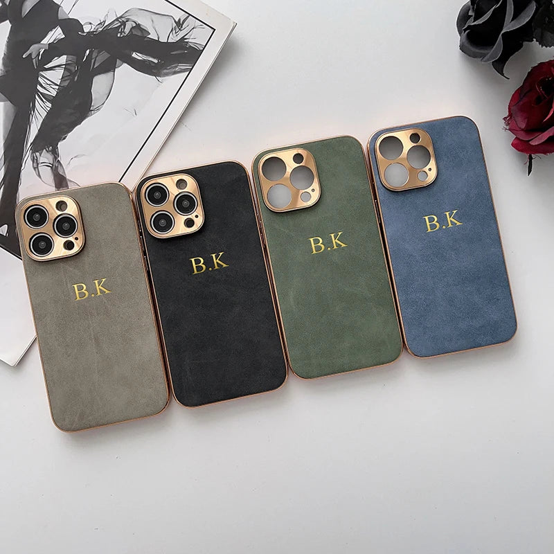 Leather Personalised Customized Name Case For Iphone 11 12 13 14 15 16 Pro Max Plating Frame Lambskin Initials Cover 16 11 15Pro Caseverse