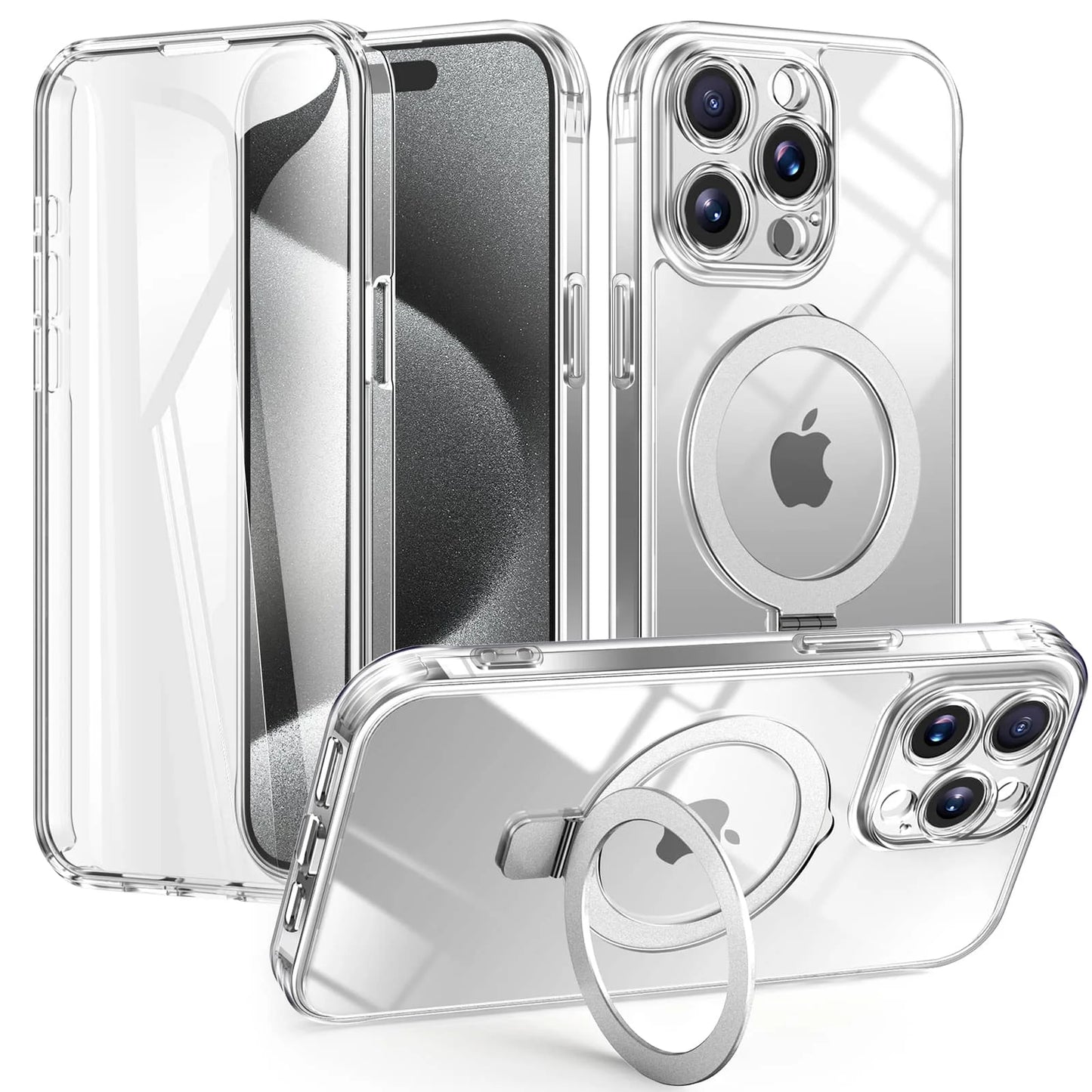 Clear iPhone case with a built-in screen protector and a silver ring holder kickstand.