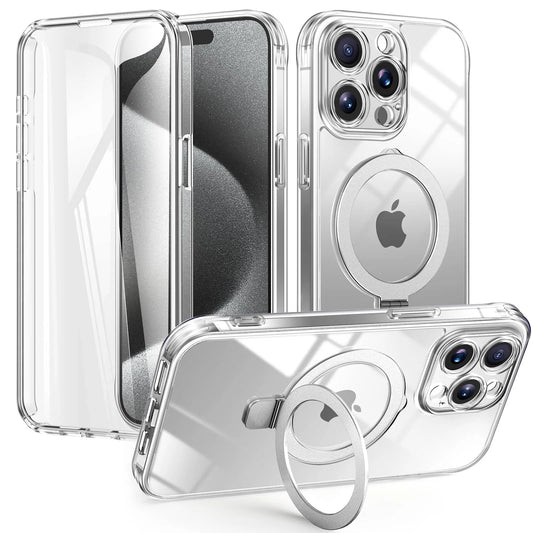 Clear iPhone case with a built-in screen protector and a silver ring holder kickstand.