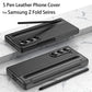 Two black leather S Pen phone covers for Samsung Z Fold series are displayed.