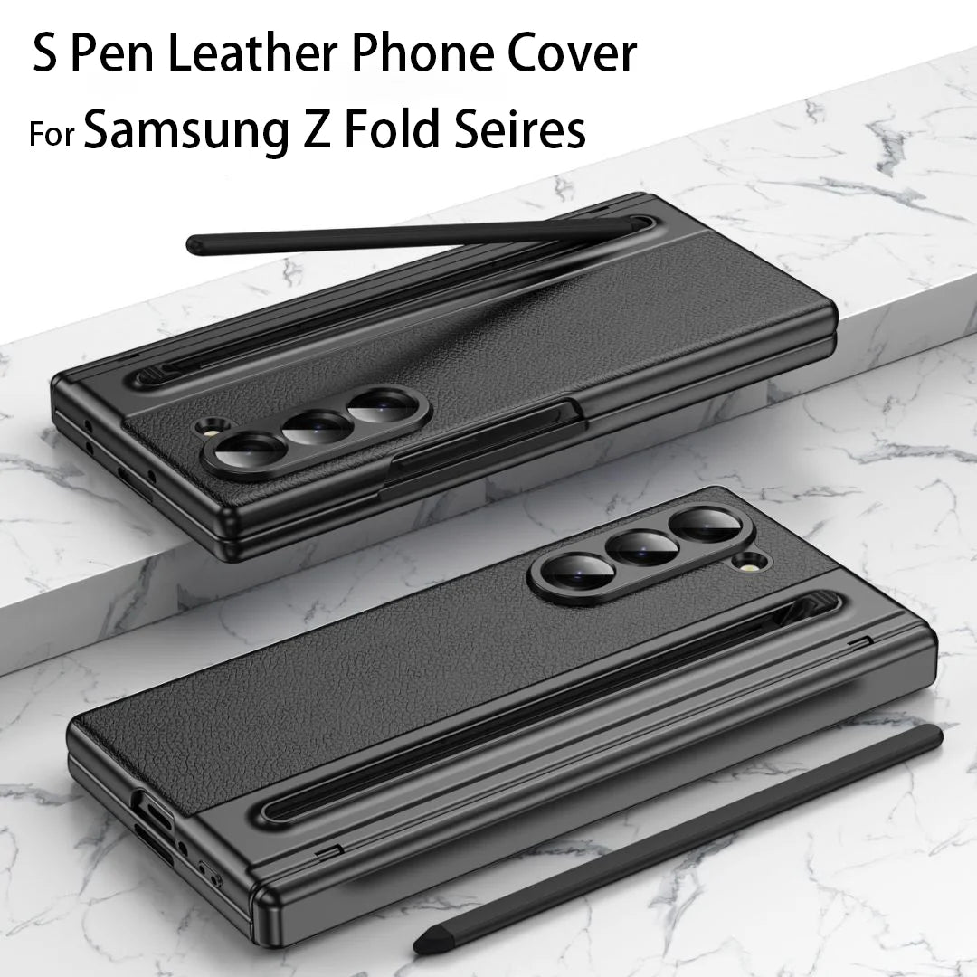 Two black leather S Pen phone covers for Samsung Z Fold series are displayed.