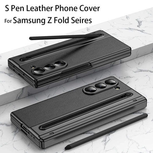 Two black leather S Pen phone covers for Samsung Z Fold series are displayed.