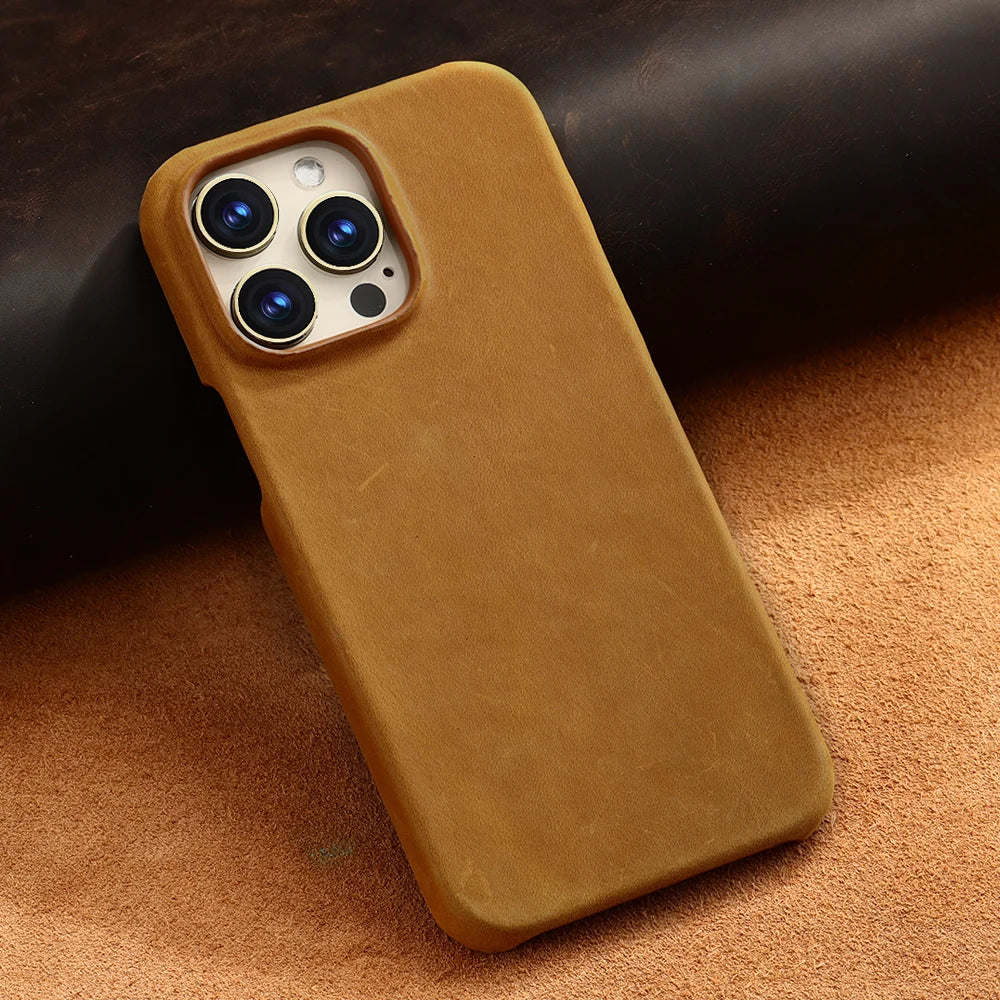 Retro Cowhide Phone Case for iPhone 16 15 13 14 Pro Max 16Pro 14Pro 15Pro Luxury Crazy Horse Genuine PULL-UP Leather Back Cover Caseverse