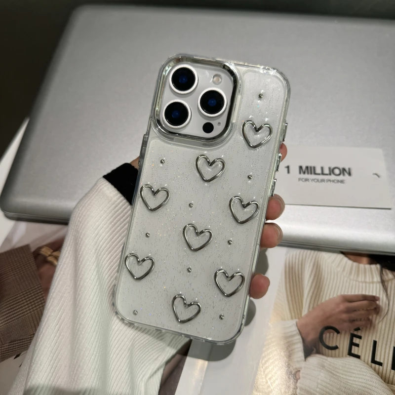 Cute Metal Love Heart Epoxy Glitter Phone Case For iPhone 16 15 14 13 12 11 Pro Max Plus Bling Clear Shockproof Soft Cover Caseverse
